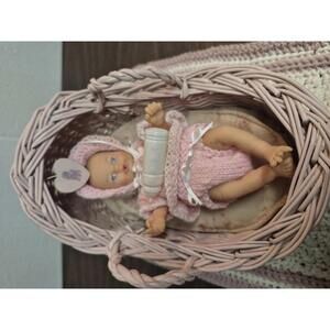 Vintage 1993 Citito Baby Doll with Pink Knitted Outfit and Basket